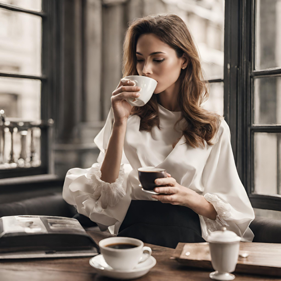 インスタントコーヒーを飲んでいる女性